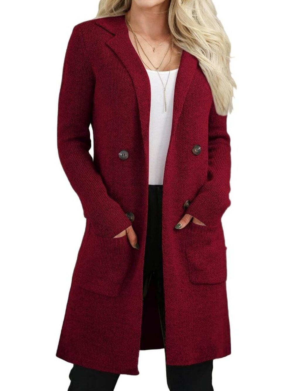 Women's Burgundy Long Knit Cardigan Coatigan Open Front Lapel Pocket Sweater